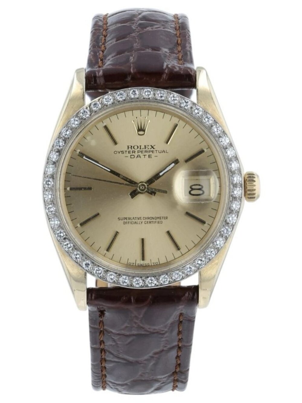 Rolex Date Champagne Dial 14k Gold Diamond Bezel 34mm Automatic Men's Watch